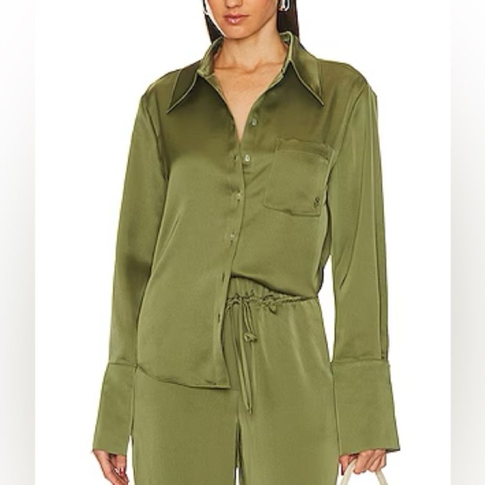 Song of Style Green Satin Button Down Top XS